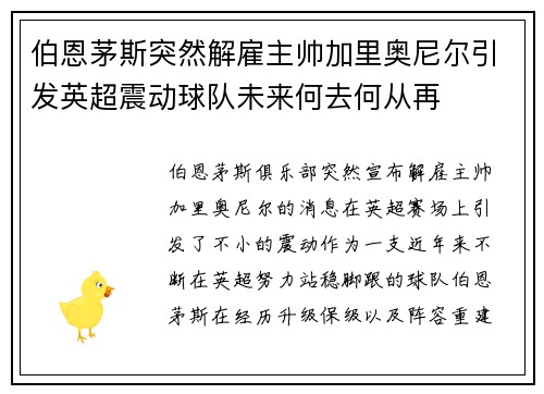 伯恩茅斯突然解雇主帅加里奥尼尔引发英超震动球队未来何去何从再 伯恩茅斯突然解雇主帅加里奥尼尔引发英超震动球队未来何去何从再